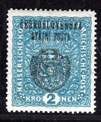RV 37a, II. Pražský přetisk, papír žilkovaný, znak, modrá 2 K, zkoušeno Lešetický