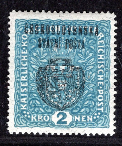 RV 37a, II. Pražský přetisk, papír žilkovaný, znak, modrá 2 K, zkoušeno Lešetický