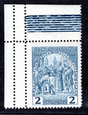 245, sv. Václav, rohová s bordurou a svislou dvojitou perforací, modrá 2 Kč, nálepka na okraji mimo známku