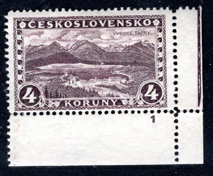 227, P 6, Praha, Tatry, rohová s DČ 1, fialová 4 Kč, okraj s bordurou