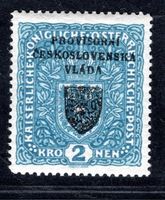 RV 16, I: Pražský přetisk, formát široký, znak, modrá 2 Koruna , zk. Gilbert