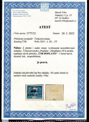 DL, ZT, doplatní, návrh přetisku "ČSR DOPLATIT" v černé barvě na známce 16, modrá 50 h, zkoušeno Vrba a atest Vrba, vzácné