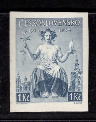 ZT 1 Kč (348),20.  výročí čs. známky, nezoubkovaná, modrá 1 Kč, zkoušeno Stupka