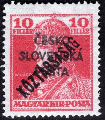 RV , Šrobárův přetisk na známce Karel s přetiskem Koztarsaság, červená 10 f, II. náklad, zkoušeno Franěk