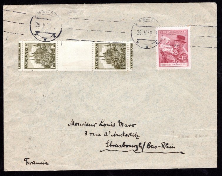 dopis z Prahy, 26/V/39, vyplacený předběžnými ČSR I, 306 Ms, 334, do Francie, příchozí razítko, devizová kontrola
