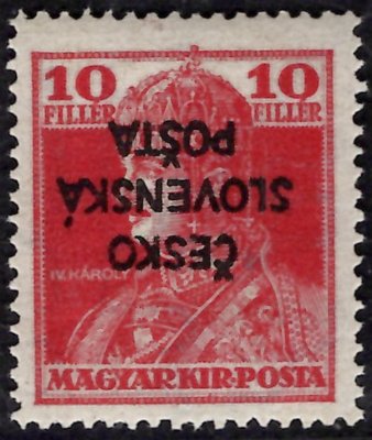 RV 146 Pp, Šrobárův přetisk, převrácený, Karel, červená 10 f, zkoušeno Vrba