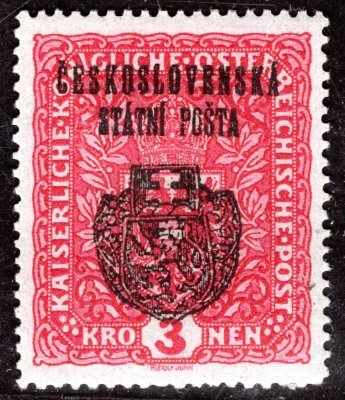 RV 38, II. Pražský přetisk, formát úzký, znak, červená 3 K, dvl, zkoušeno, Lešetický, Vrba