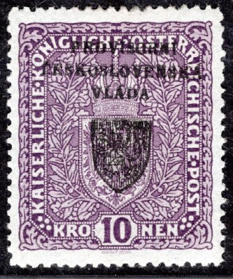 RV 19, I. Pražský přetisk, formát úzký, znak, světle fialová 10 K, dřívko,  zkoušeno Ondráček, velmi vzácné