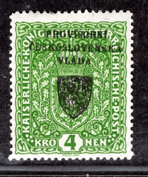 RV 18, I. Pražský přetisk, formát úzký, znak, světle zelená 4 K, zkoušeno Lešetický, Ondráček
