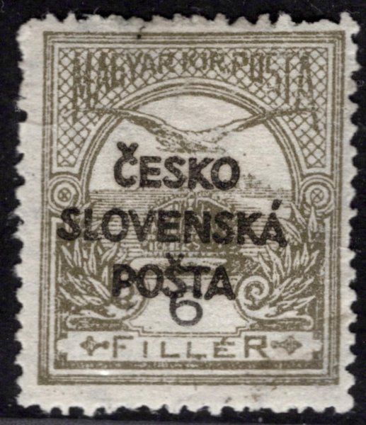 RV 134, Šrobárův přetisk, olivová 6 f, zkoušeno Gilbert, Ondráček - ohyb