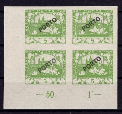 3, 5 h zelená, rohový 4blok s přetiskem PORTO, desková značka, TD II, lehká stopa na horních dvou známkách