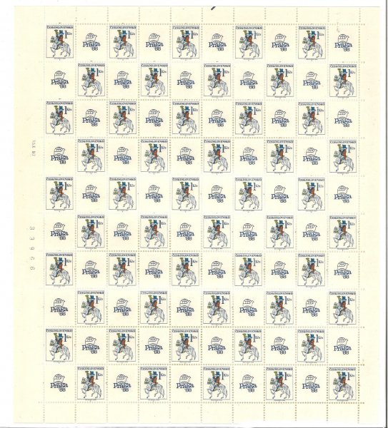 2814 Poštovní emblémy 1 Kčs, kompletní arch s 50 známkami a 50 kupóny, arch B (15. 10. 87)