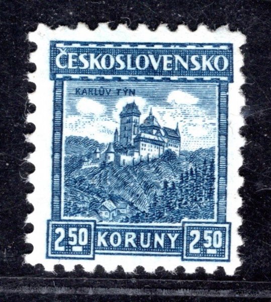 222, bez peůsvitky, hrady, krajiny, města, Karlštejn, modrá 2,50 Kč