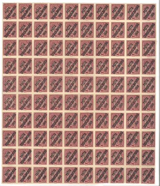 46, PA (100), kompletní arch, fialová 90 h, spojené typy přetisků