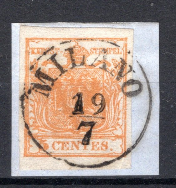 LV 1 H I, orange; výstřižek se známkou 5 c, ruční papír, typ I, oranžová, celé raz. MILANO, pěkné okraje, působivý P, ANK € 175.-