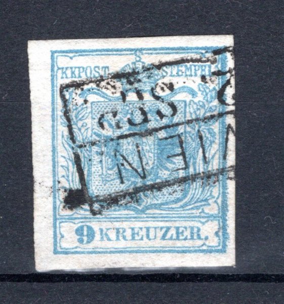 5 H I, graublau; 9 kr, ruční papír, typ I, šedomodrá, desková vada PF 53 (bílá skvrna nahoře v levém křídle), Randdruck vpravo, raz. WIEN, pěkné okraje, P, FB € 85.-