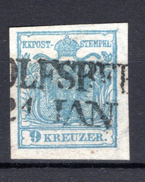 5 H IIc, graublau; 9 kr, ruční papír, typ IIc, šedomodrá, hedvábný papír 0,07 mm, Randdruck vpravo + malá část průsvitky, raz. WOLFSBERG, široké okraje, P, ANK ca. € 55.-