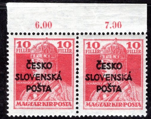 RV 146, Šrobárův přetisk, krajová dvoupíska s počítdly, červená 10 f, zkoušeno Vrba