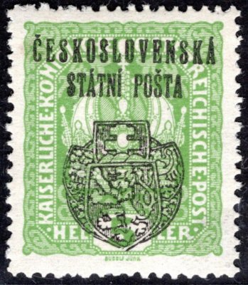 RV 23, II. Pražský přetisk, zelená 5  h, zkoušeno Gilbert, Vrba