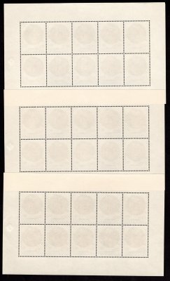 1927 UNICEF 60 h, 3 desetibloky II. typu: 2x perforační rámec A (nad ZP5 7. a 8. PO zleva těsně u sebe), z toho 1x posun fialové barvy dolů; 1x rámec B (nad ZP2 2. PO zprava vyhnutý nahoru), pěkná sestava
