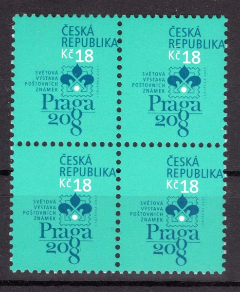 539 VV, PRAGA 2008 18Kč, krajový 6blok s výrazným posunem perforace doleva (těsně k pravé nožičce písmene A ve slově "REPUBLIKA"); kat. 4.800Kč, hledané