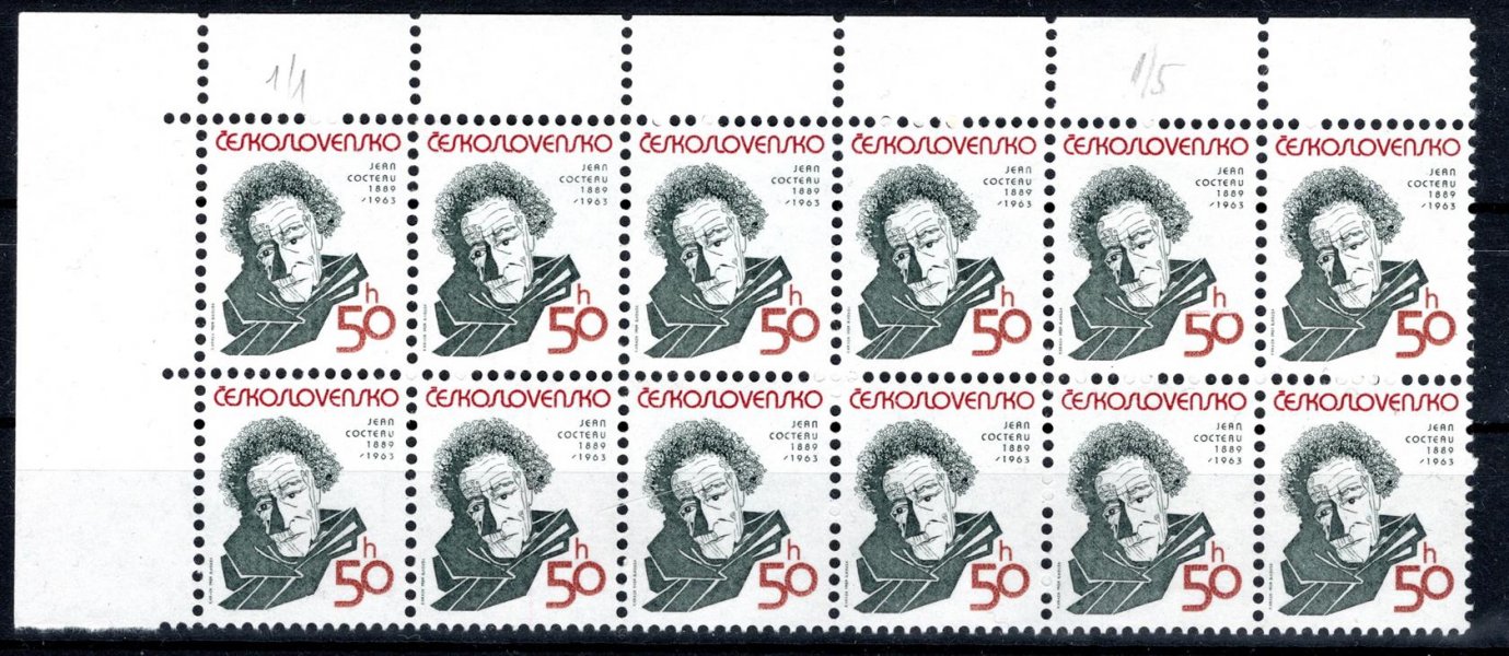 2881 Cocteau 50 h, DV 5/1 "seříznutá číslice 5" v rohovém desetibloku, katalog velmi podceňuje, na většině nákladu retuš vady