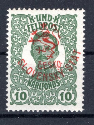 ZT, Marešův přetisk, červený na známce KUK Feldpost, 10 h zelená, zkoušeno Vrba