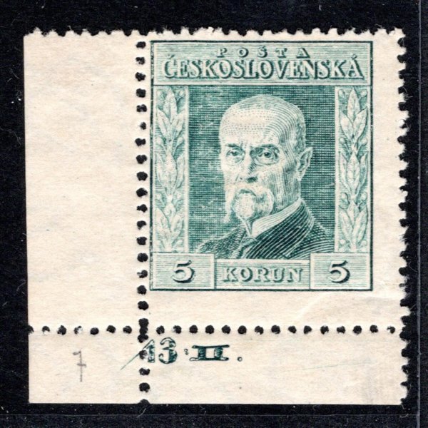 193, P 7, typ I, TGM, zelená 5 Kč , rohová s DČ 13.II. , zk. Gi