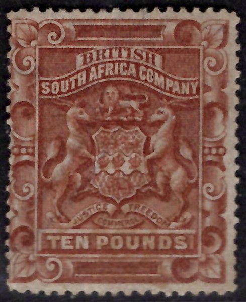 Rhodesie, British South Africa Company, SG 13, Znak 10 L hnědá, koncová hodnota, vzácná a hledaná známka