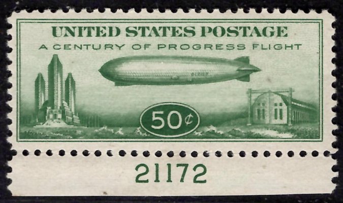 USA - Mi. 358, Zeppelin, krajová, 50 c zelená, hledaná známka