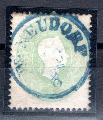 Rakousko - Mi. 19a, světle zelená 3 Kr, modrý otisk celého razítka W.NEUDORF, kat. 420, - Euro, vzácné