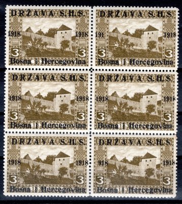 Jugoslavie - Mi. 1, vydání pro Bosnu a Herzegovinu, 6-ti blok, olivová 3 h, různé DV - letopočet 191 místo 1918, (pravá horní známka, letopočet 918. pravá dolní známka, zajímavé