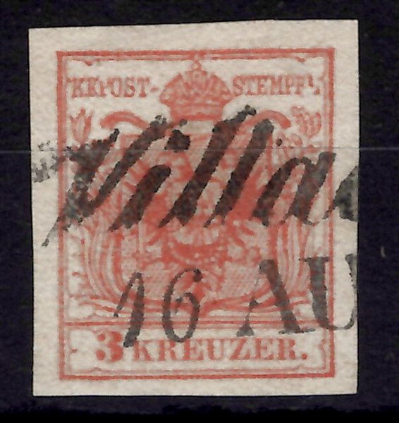 3; 3 kr, ruční papír, typ IIIa, červená, desková vada (deformovaná písmena P v POST a EL ve STEMPEL), raz. VILLACH