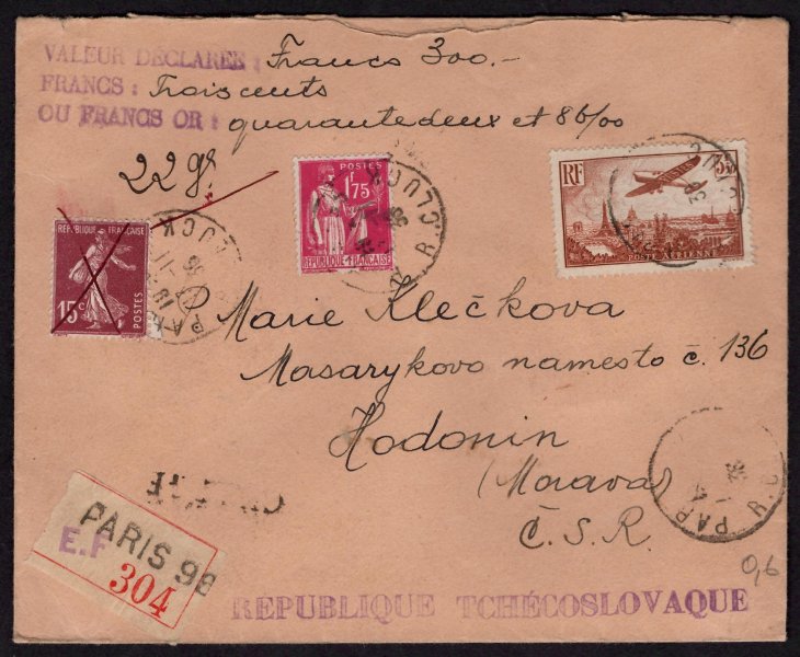 Francie - R peněžní dopis z Paříže 3/11/39 vyplacený mimo jiné leteckou Mi. 310, adresováno do Hodonína, pečetě, dekorativní celistvost