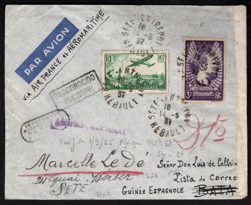 Francie - letecký dopis do Španělské Guiney, vyplacený leteckou Mi. 305 a 343, tranzitní a příchozí razítka, zajímavá destinace