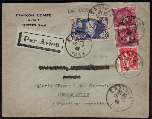 Francie - letecký dopis z Castres vyplacený mimo jiné Mi. 425 do Jižní Ameriky, příchozí razítko Buenos Aires 17/V/40