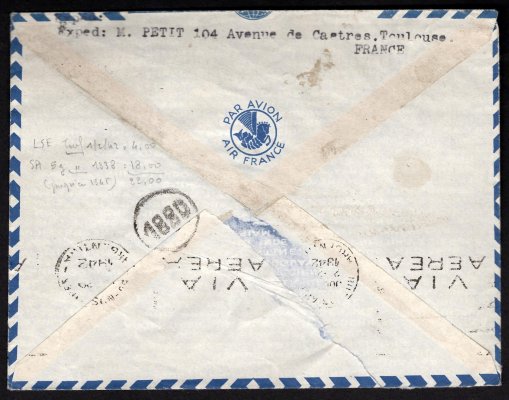 Francie - letecký  dopis z Toulouse do Jižní Ameriky, frankovaný mimo jiné známkou Mi. 495, zajímavá frankatura, příchozí razítko