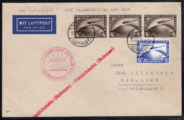 DR, zeppelin, 1929, Weltrundfahrt, vyplaceno 3 x 4 RM a 1 x 2 RM, Mi. 424, 423,  červený kašet + palubní razítko, attest Sieger, vysoká frankatura, hledané