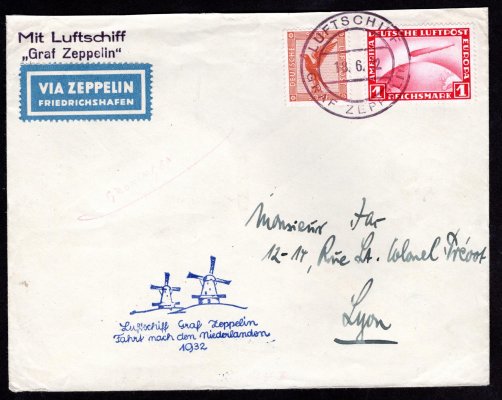 Let do Holandska 1932 - 1 RM Zeppelin + 50 Pf letecká,  Sie. 164 Ab, příchozí raz. GRONINGEN 18.VI.