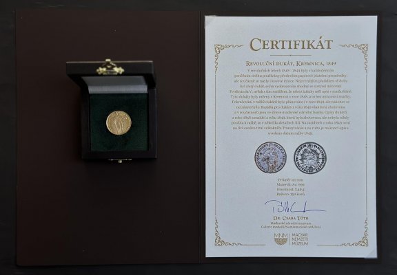 1849 1 dukát navydaný revoluční , ražen 2022 etue certifikát, Au.999 3,49g 21mm
