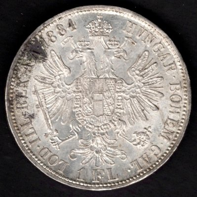 1884 1 zlatník František Josef I. Ag, Ag.900 12,345g 29mm patina
