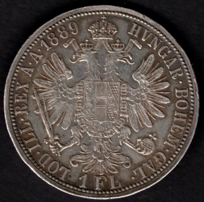 1889 1 zlatník František Josef I. Ag, Ag.900 12,345g 29mm patina

