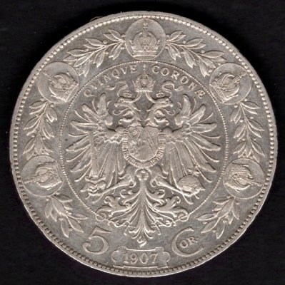 1907 5 koruna rakouská FJI. Ag, Ag.900 24g 36mm
