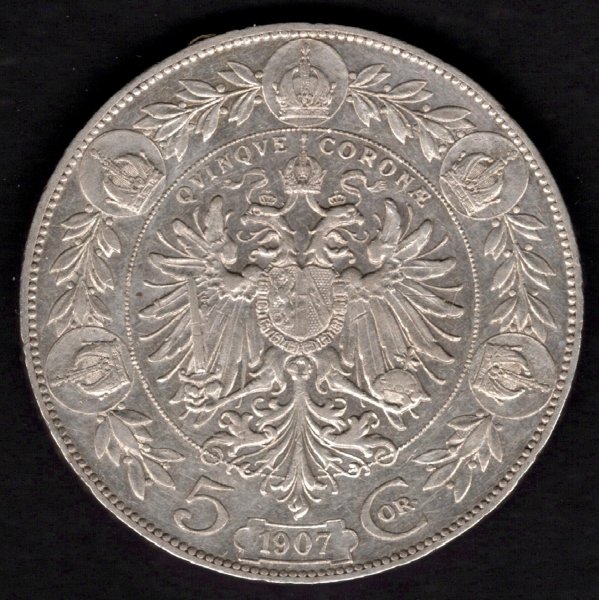 1907 5 koruna rakouská FJI. Ag, Ag.900 24g 36mm
