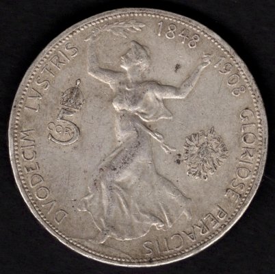 1908 5 koruna rakouská FJI. Výroční Ag	Ag.900 24g 36mm 60 let vlády FJI.

