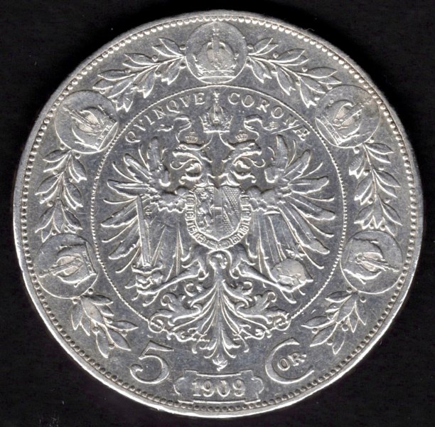 1909 5 koruna rakouská FJI. Typ Schwartz Ag, Ag.900 24g 36mm
