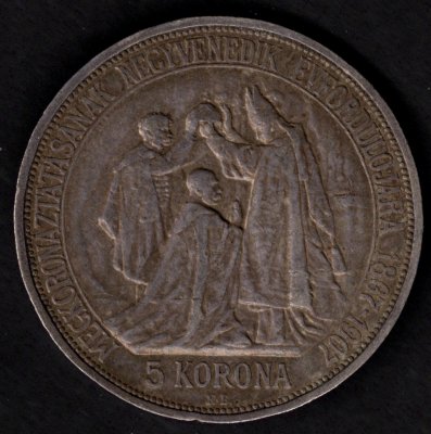 1907 5 koruna K.B. uherská FJI. Ag Korunovační, Ag.900 24g 36mm Korunovace na uherského krále patina
