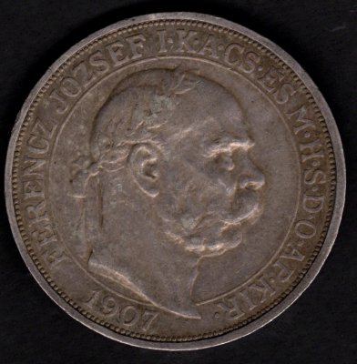 1907 5 koruna K.B. uherská FJI. Ag Korunovační, Ag.900 24g 36mm Korunovace na uherského krále patina
