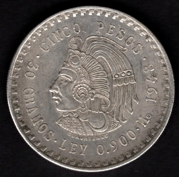 1948 5 Pesos Mo Aztec Cuauhtemoc  Ag, Ag.900 30g 40mm Mexico city

