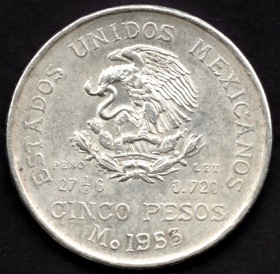 1953 5 Pesos Mo Hidalgo  Ag	Ag.720 27,78g 40mm Mexico city
